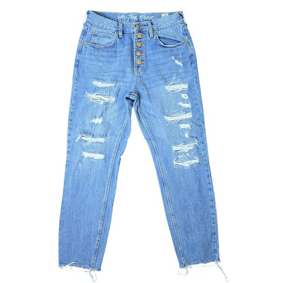 We the free Denim - We The Free Button Fly Destroyed Raw Hem Light Wash High Rise Straight Leg Jeans